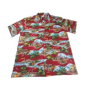 Kalena Fashions of Hawaii Mens Sz XL Hawaiian Shirt Surf Palm Trees Beach Red